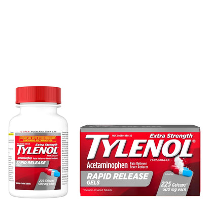 Tylenol Extra Strength Acetaminophen Rapid Release Gels, Fast, Strong Pain Relief, Fever Reducer Medicine, 500 mg Gelcaps with Laser‑Drilled Holes for Fast Release, Value Size, 225 Count - Maple Wellness Supplements