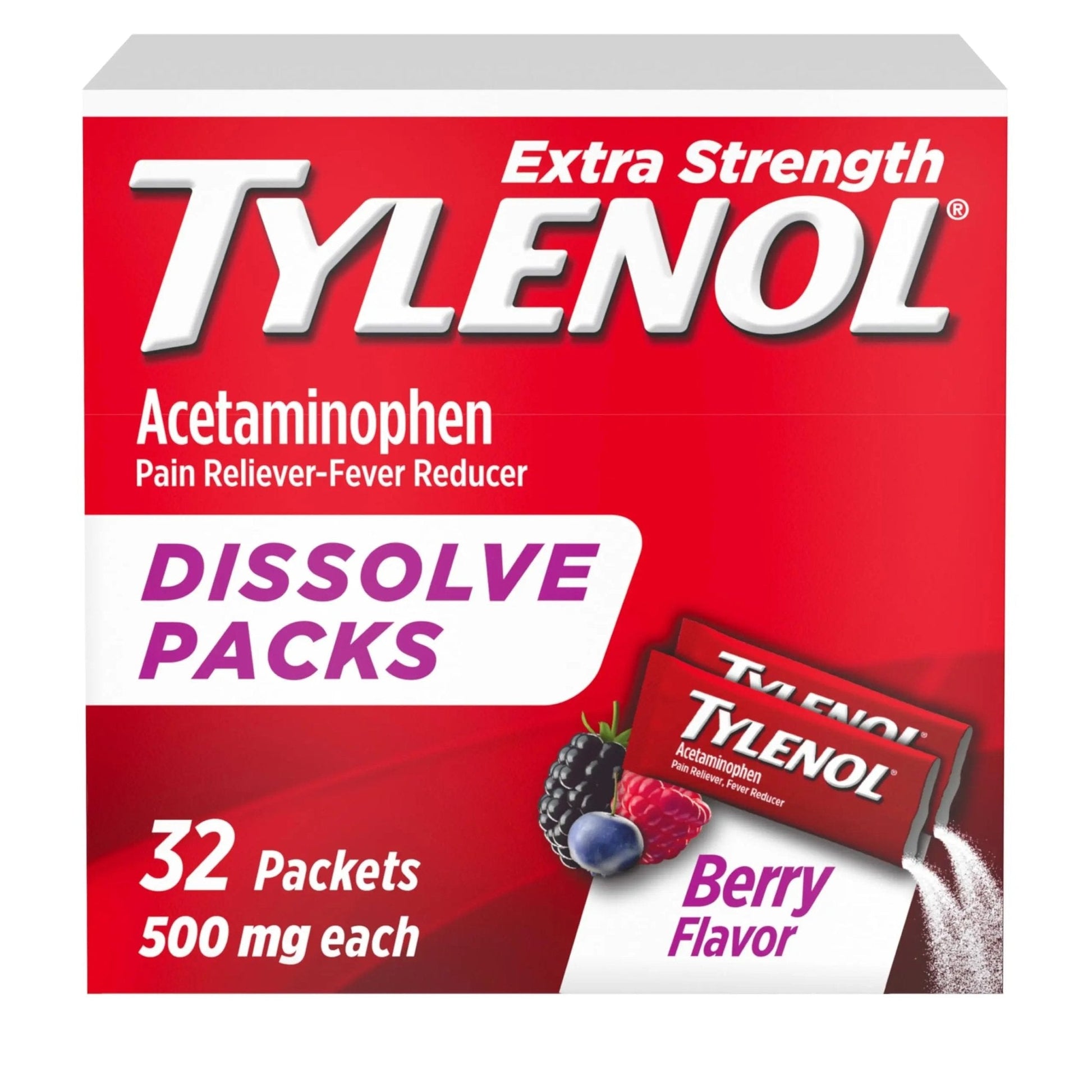 Tylenol Extra Strength Dissolve Powder Packs, 500 mg Acetaminophen Pain Reliever & Fever Reducer Medicine, Fast Relief for Minor Aches & Pains, Ibuprofen- & Aspirin-Free, On-the-Go Berry Flavor, 32 Ct - Maple Wellness Supplements