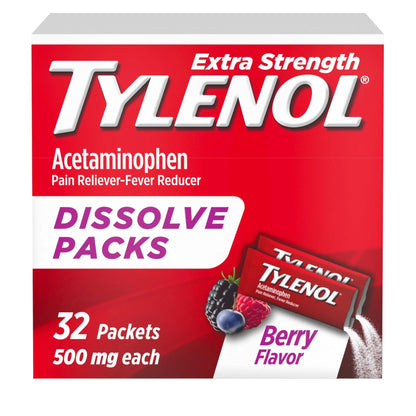 Tylenol Extra Strength Dissolve Powder Packs, 500 mg Acetaminophen Pain Reliever & Fever Reducer Medicine, Fast Relief for Minor Aches & Pains, Ibuprofen- & Aspirin-Free, On-the-Go Berry Flavor, 32 Ct - Maple Wellness Supplements