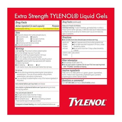 Tylenol Extra Strength Liquid Gels, Fast, Strong Pain Relief, Fever Reducer for Adults with 500 mg Acetaminophen, Fast-Acting Liquid Gel Capsules for Headaches & Minor Pain Relief, 75 Count - Maple Wellness Supplements