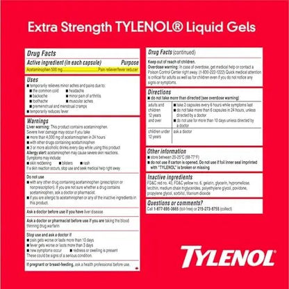 Tylenol Extra Strength Liquid Gels, Fast, Strong Pain Relief, Fever Reducer for Adults with 500 mg Acetaminophen, Fast-Acting Liquid Gel Capsules for Headaches & Minor Pain Relief, 40 Count - Maple Wellness Supplements