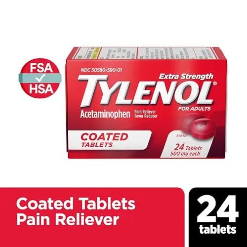 Tylenol Extra Strength Pain Reliever & Fever Reducer, Round Coated Tablets, 500 mg Acetaminophen Pain Relief Pills for Headache, Toothache & Minor Arthritis Pain, 24 ct - Maple Wellness Supplements