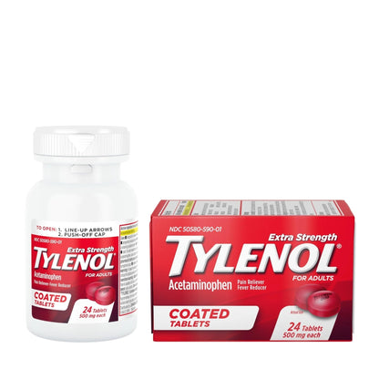 Tylenol Extra Strength Pain Reliever & Fever Reducer, Round Coated Tablets, 500 mg Acetaminophen Pain Relief Pills for Headache, Toothache & Minor Arthritis Pain, 24 ct - Maple Wellness Supplements