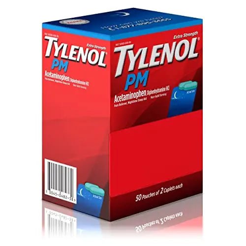 Tylenol PM Extra Strength Nighttime Pain Reliever Sleep Aid Caplets with Acetaminophen & Diphenhydramine HCl, Relief for Nighttime Aches & Pains, Travel Size, 50 Packs of 2 Caplets - Maple Wellness Supplements