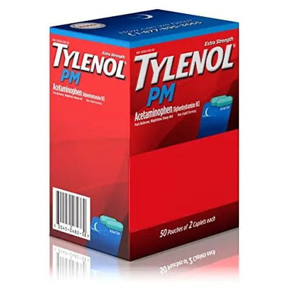 Tylenol PM Extra Strength Nighttime Pain Reliever Sleep Aid Caplets with Acetaminophen & Diphenhydramine HCl, Relief for Nighttime Aches & Pains, Travel Size, 50 Packs of 2 Caplets - Maple Wellness Supplements