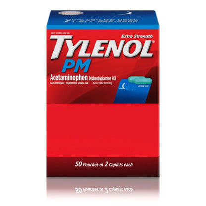 Tylenol PM Extra Strength Nighttime Pain Reliever Sleep Aid Caplets with Acetaminophen & Diphenhydramine HCl, Relief for Nighttime Aches & Pains, Travel Size, 50 Packs of 2 Caplets - Maple Wellness Supplements