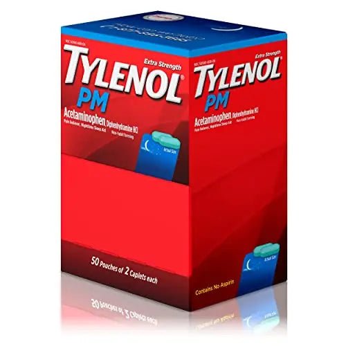 Tylenol PM Extra Strength Nighttime Pain Reliever Sleep Aid Caplets with Acetaminophen & Diphenhydramine HCl, Relief for Nighttime Aches & Pains, Travel Size, 50 Packs of 2 Caplets - Maple Wellness Supplements