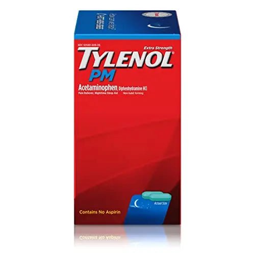 Tylenol PM Extra Strength Nighttime Pain Reliever Sleep Aid Caplets with Acetaminophen & Diphenhydramine HCl, Relief for Nighttime Aches & Pains, Travel Size, 50 Packs of 2 Caplets - Maple Wellness Supplements
