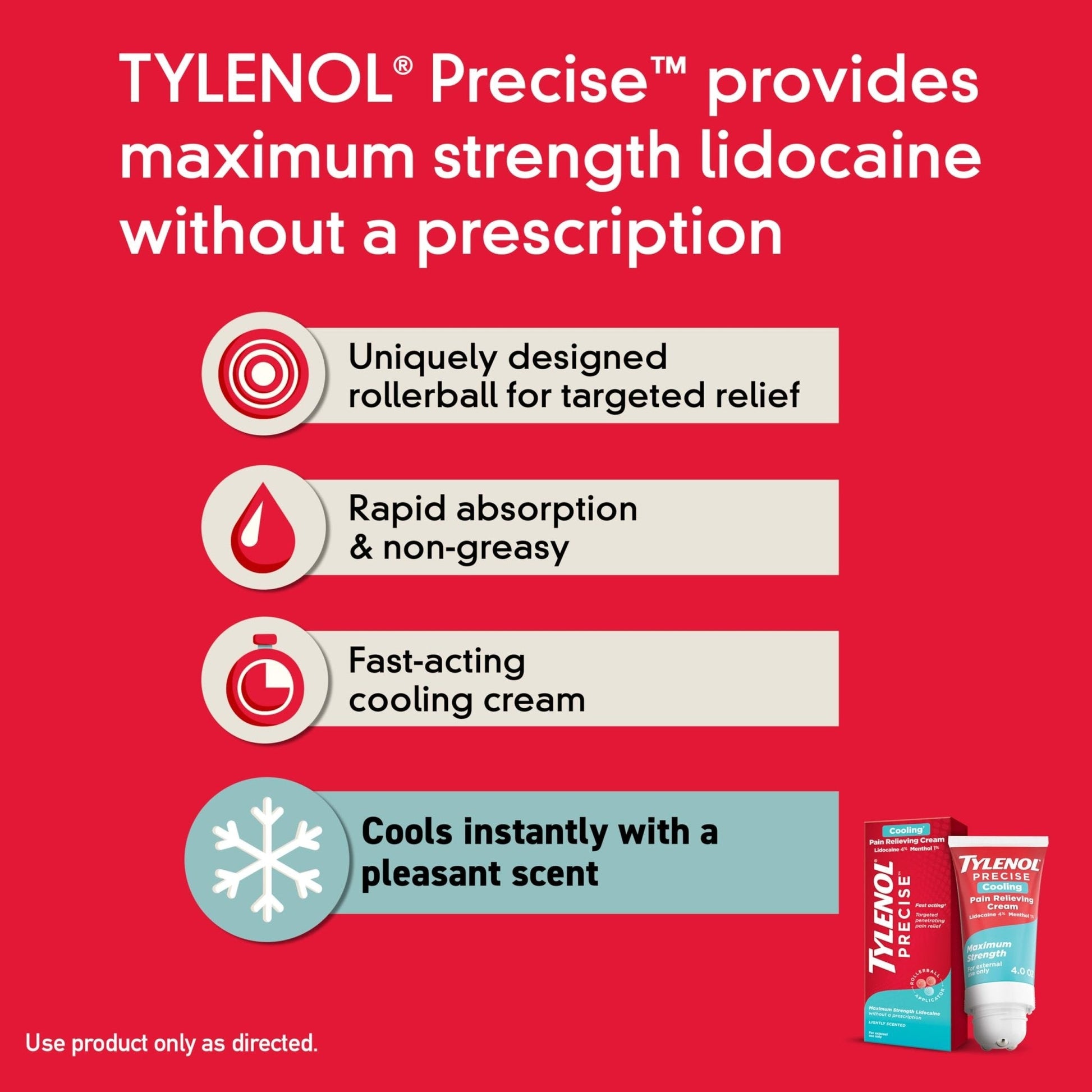 Tylenol Precise Cream, Cooling Sensation Pain Relief, Roll‑On, Lidocaine 4%, Menthol 1%, Targeted Maximum OTC Strength Combination for Back, Muscle and Joint, Numbing Cream Rollerball Applicator, 4 oz - Maple Wellness Supplements