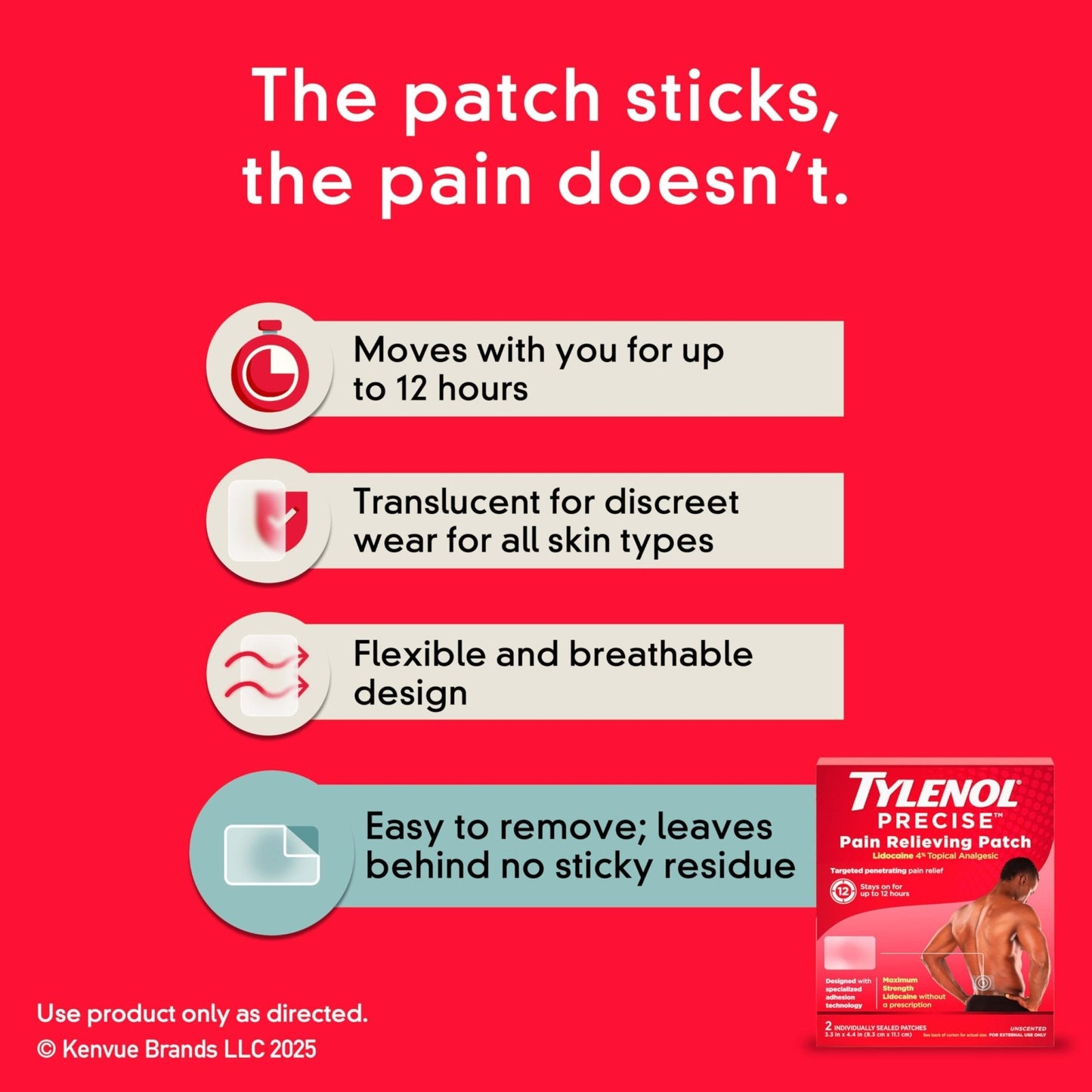 Tylenol Precise Pain Relieving Patches, Large Topical Analgesic Patches + Maximum OTC Strength Lidocaine Penetrates, Targeted Relief Ideal for Shoulder, Back & Knee Pain, Unscented, 4 ct - Maple Wellness Supplements
