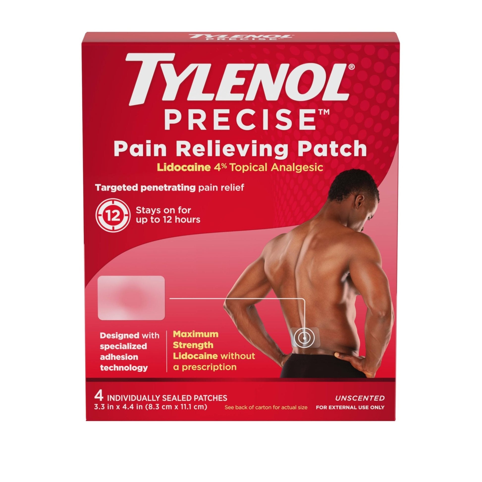 Tylenol Precise Pain Relieving Patches, Large Topical Analgesic Patches + Maximum OTC Strength Lidocaine Penetrates, Targeted Relief Ideal for Shoulder, Back & Knee Pain, Unscented, 4 ct - Maple Wellness Supplements