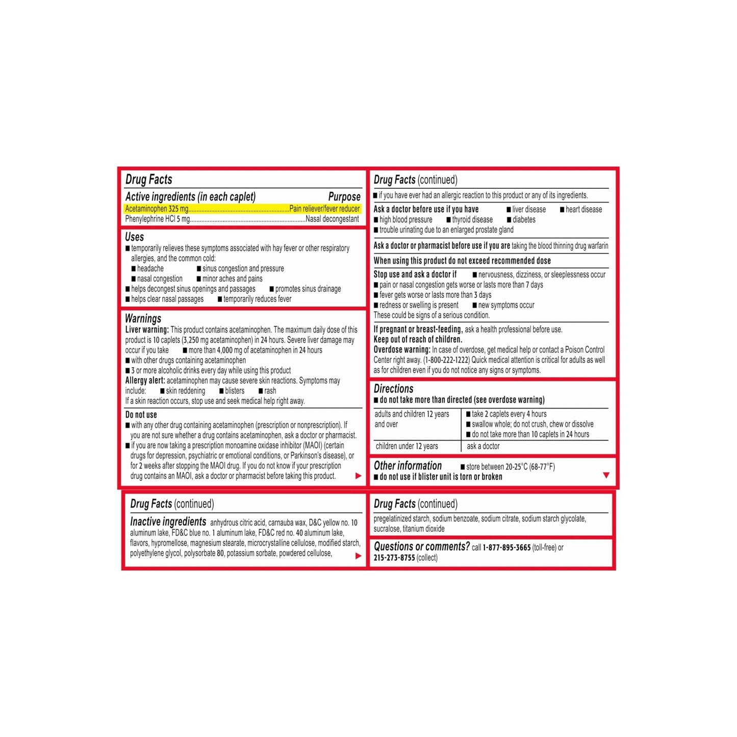 Tylenol Sinus + Headache Daytime Non-Drowsy Relief Caplets, Acetaminophen 325mg, Phenylephrine HCI 5mg, Nasal Decongestant for Sinus Pain, Headache & Nasal Congestion Relief, Fever Reduction, 24 Count - Maple Wellness Supplements