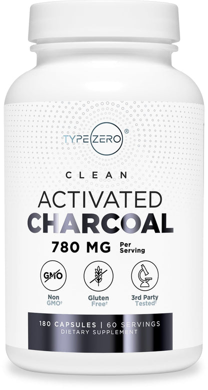Type Zero Activated Charcoal Capsules (180 Count) - 60 Servings, 780mg Per Serving, from Coconut Shell, Non-GMO, Gluten-Free - Maple Wellness Supplements