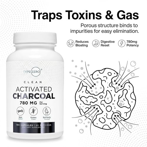 Type Zero Activated Charcoal Capsules (180 Count) - 60 Servings, 780mg Per Serving, from Coconut Shell, Non-GMO, Gluten-Free - Maple Wellness Supplements