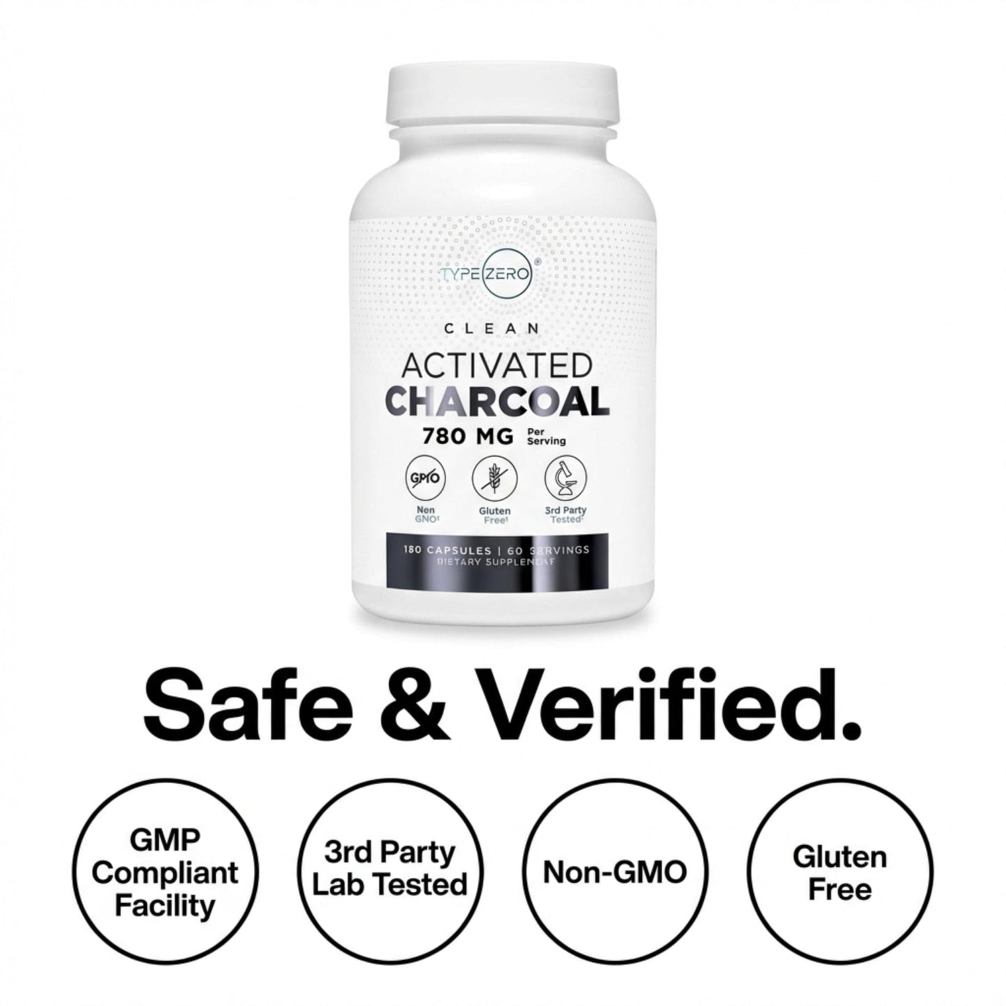 Type Zero Activated Charcoal Capsules (180 Count) - 60 Servings, 780mg Per Serving, from Coconut Shell, Non-GMO, Gluten-Free - Maple Wellness Supplements