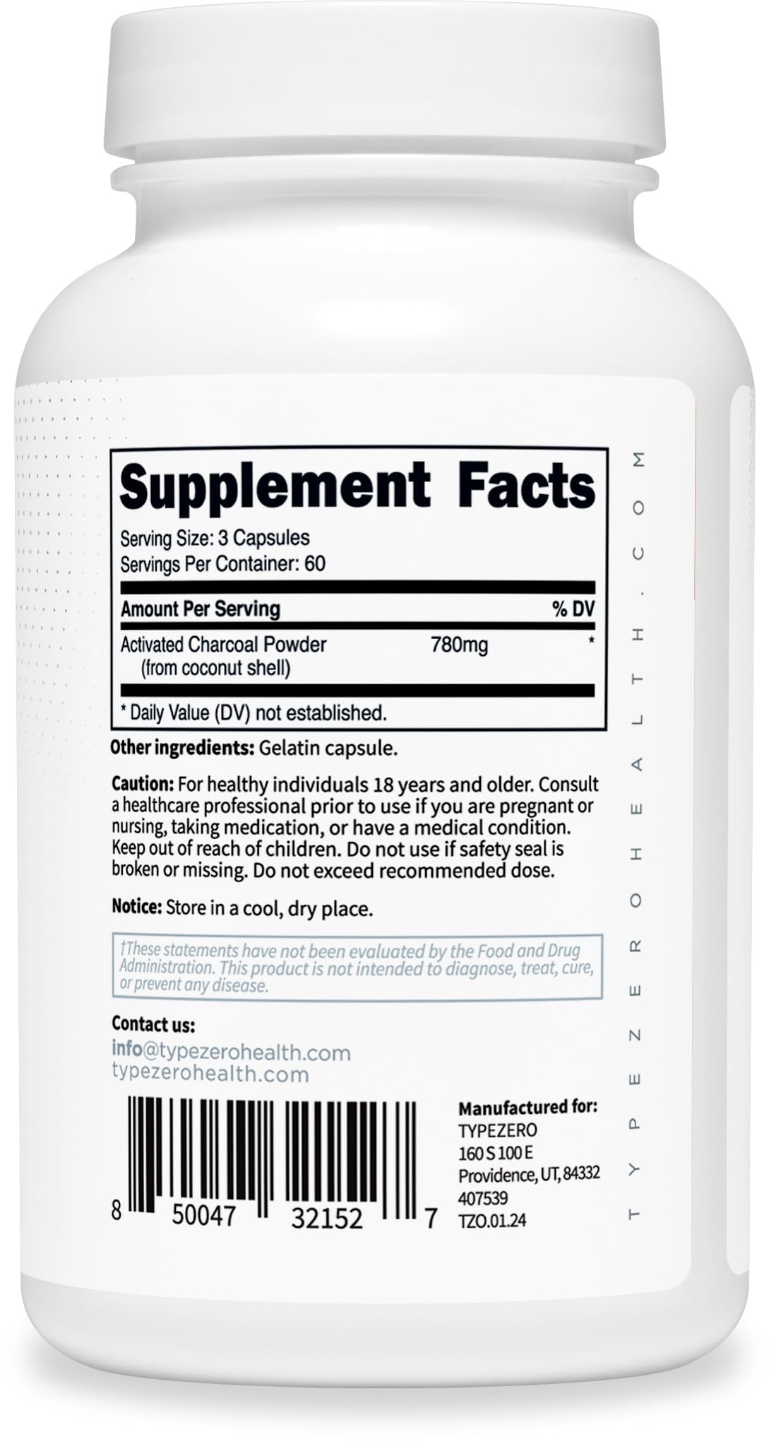 Type Zero Activated Charcoal Capsules (180 Count) - 60 Servings, 780mg Per Serving, from Coconut Shell, Non-GMO, Gluten-Free - Maple Wellness Supplements