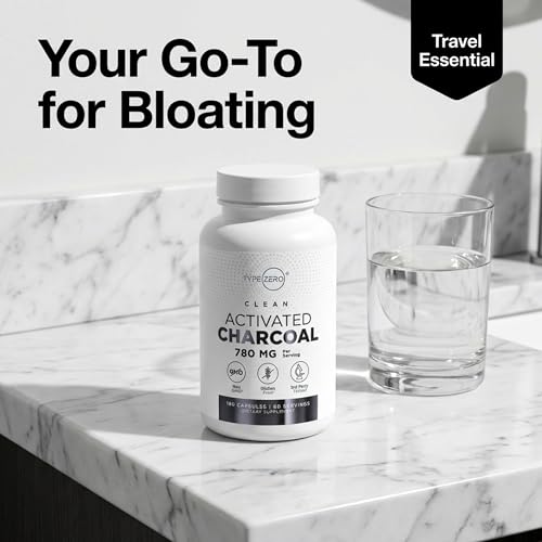 Type Zero Activated Charcoal Capsules (180 Count) - 60 Servings, 780mg Per Serving, from Coconut Shell, Non-GMO, Gluten-Free - Maple Wellness Supplements