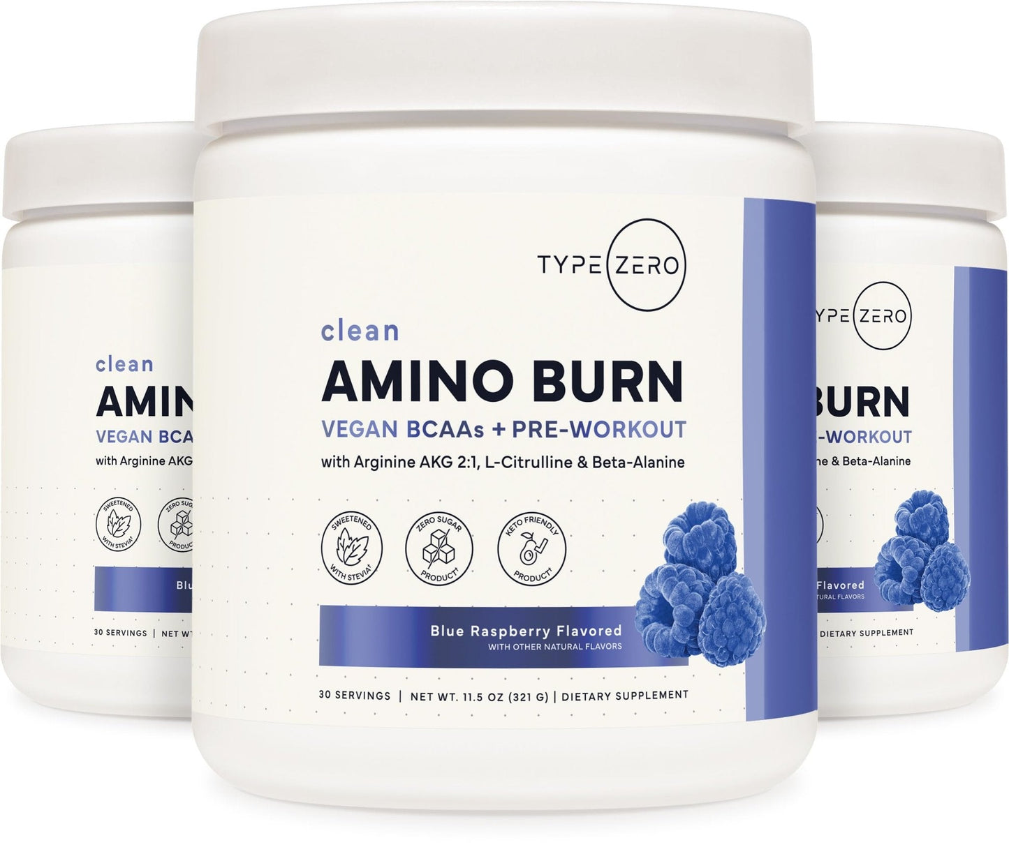 Type Zero Amino Burn - Vegan BCAA + Clean Pre Workout Powder with Arginine AKG, L-Citrulline & Beta Alanine - Amino Acid Clean Energy, Endurance & Hydration Supplement - Blue Raspberry, 30 Servings - Maple Wellness Supplements