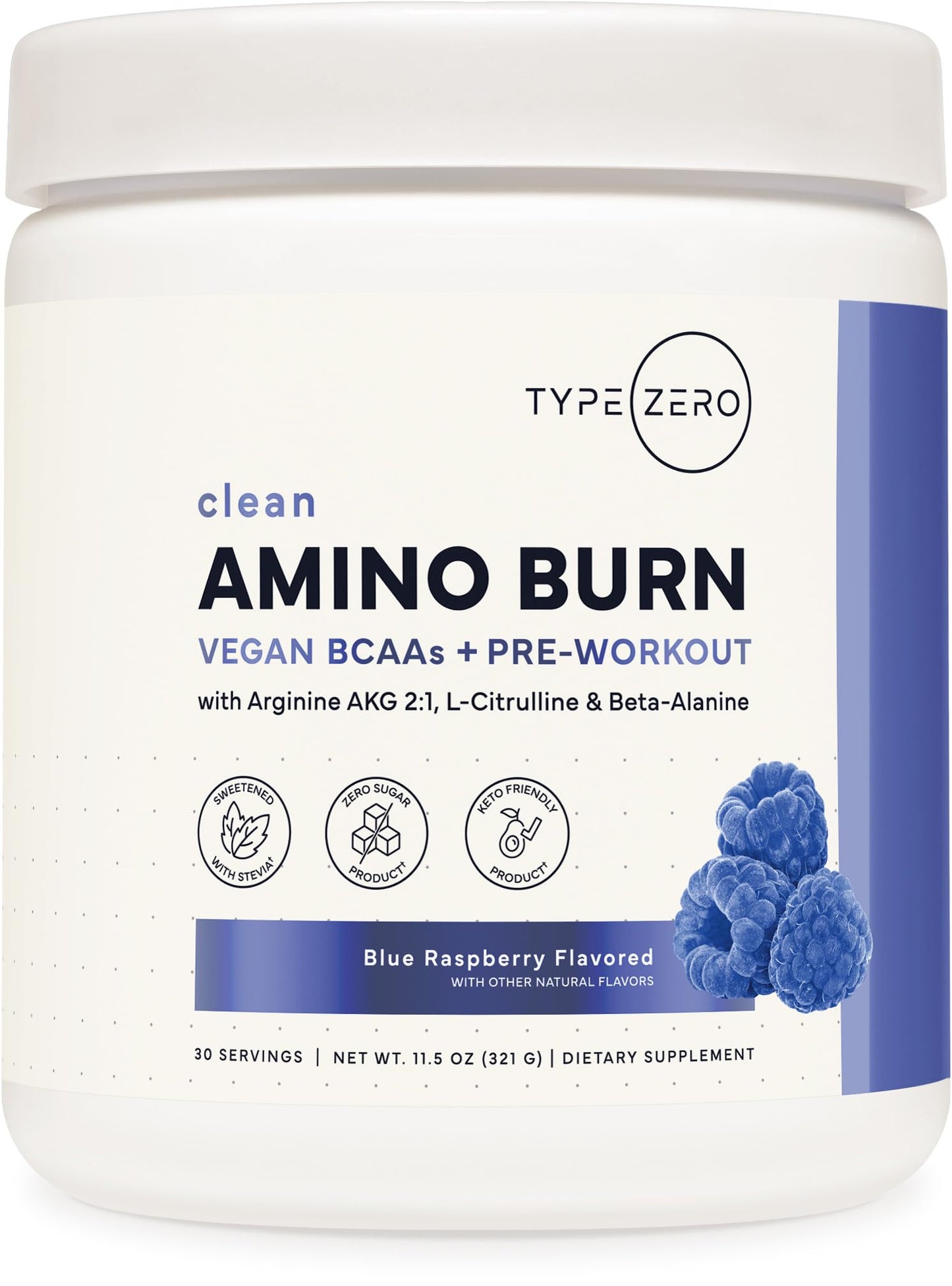 Type Zero Amino Burn - Vegan BCAA + Clean Pre Workout Powder with Arginine AKG, L-Citrulline & Beta Alanine - Amino Acid Clean Energy, Endurance & Hydration Supplement - Blue Raspberry, 30 Servings - Maple Wellness Supplements