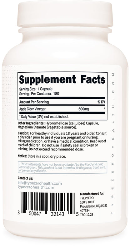Type Zero Apple Cider Vinegar Capsules (180 Count) 500mg Per Serving - Non-GMO, Gluten-Free Supplement - Maple Wellness Supplements