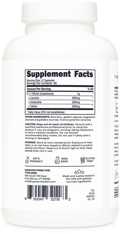 Type Zero BCAA 1000mg (180 Capsules, 90 Servings), Branched Chain Amino Acids (500mg of L-Leucine, 1000mg of L-Isoleucine and L-Valine) - Maple Wellness Supplements