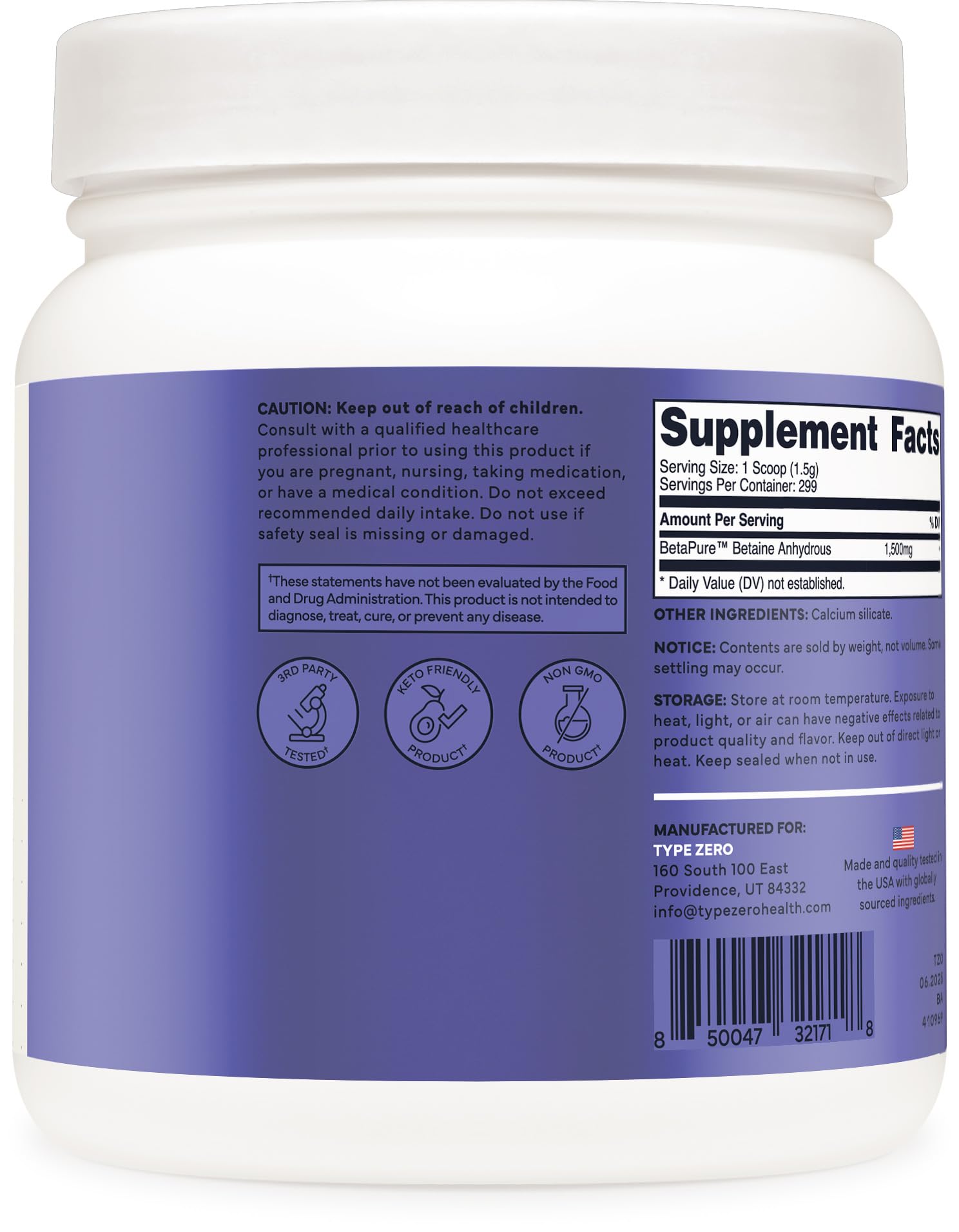Type Zero Betaine Anhydrous Powder (1 LB) Unflavored - Clean Betaine Anhydrous Supplement, TMG, Trimethylglycine, 1,500mg Per Serving, Keto, GMO-Free - Maple Wellness Supplements