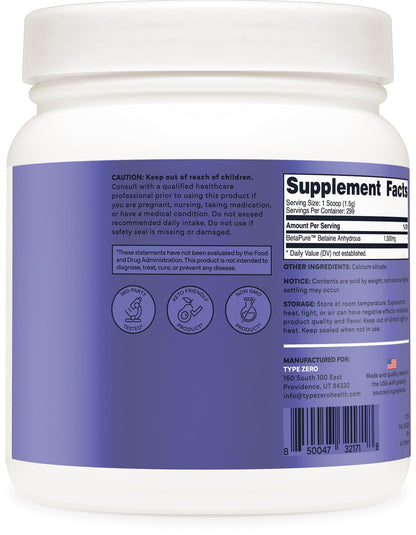 Type Zero Betaine Anhydrous Powder (1 LB) Unflavored - Clean Betaine Anhydrous Supplement, TMG, Trimethylglycine, 1,500mg Per Serving, Keto, GMO-Free - Maple Wellness Supplements