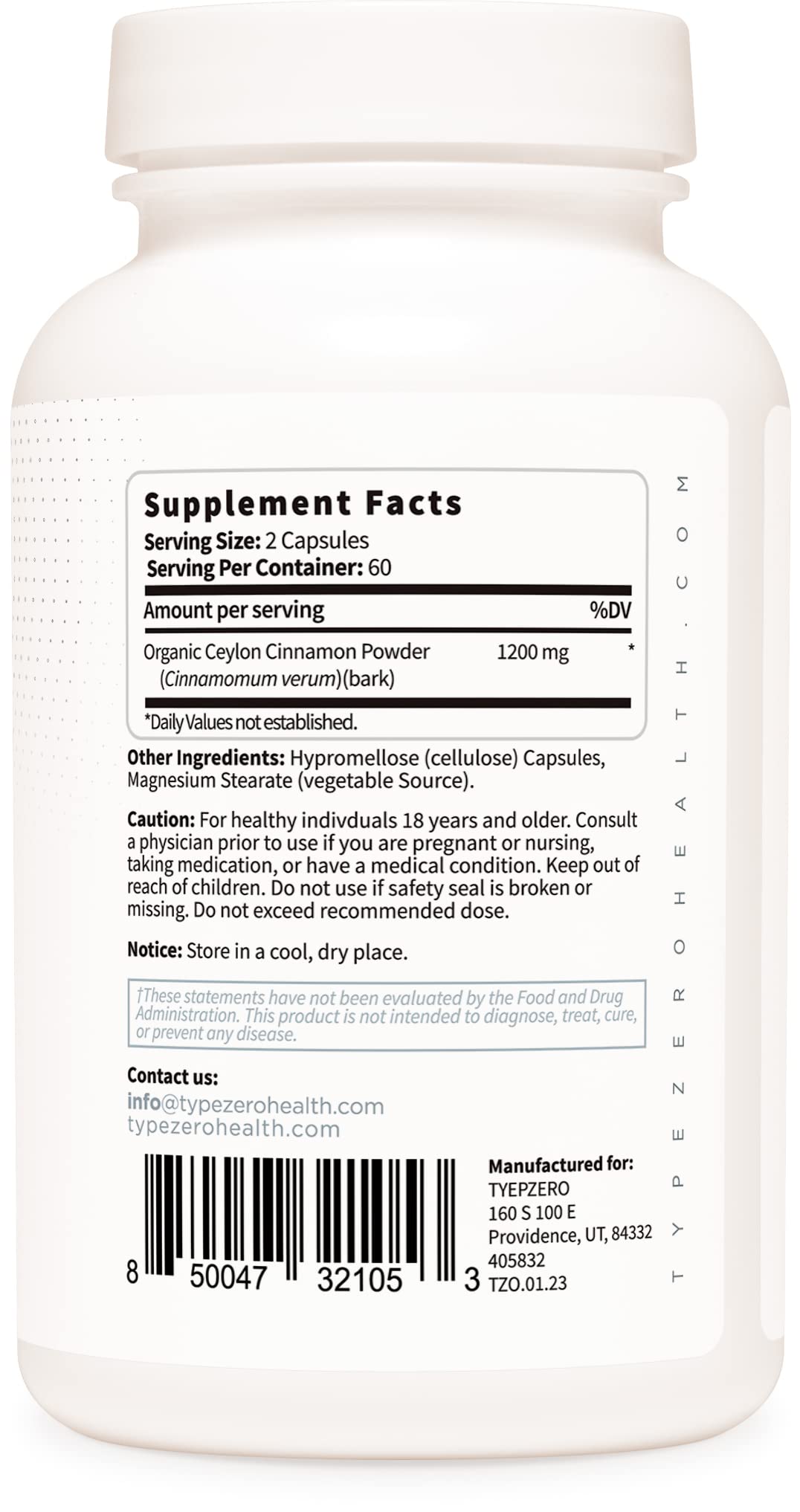 Type Zero Ceylon Cinnamon Capsules (1200mg | 120 Capsules) - Natural, Non-GMO, Gluten Free, Organic Cinnamon Bark Supplement - Maple Wellness Supplements