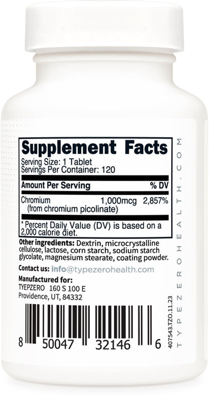 Type Zero Clean Chromium Picolinate Tablets (120 Servings, 1,000 MCG Per Serving) - Non-GMO, Gluten Free - Maple Wellness Supplements