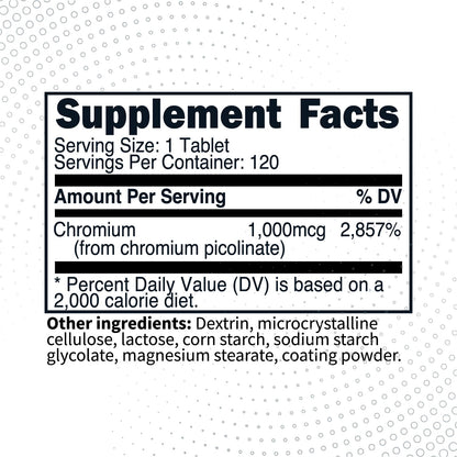 Type Zero Clean Chromium Picolinate Tablets (120 Servings, 1,000 MCG Per Serving) - Non-GMO, Gluten Free - Maple Wellness Supplements