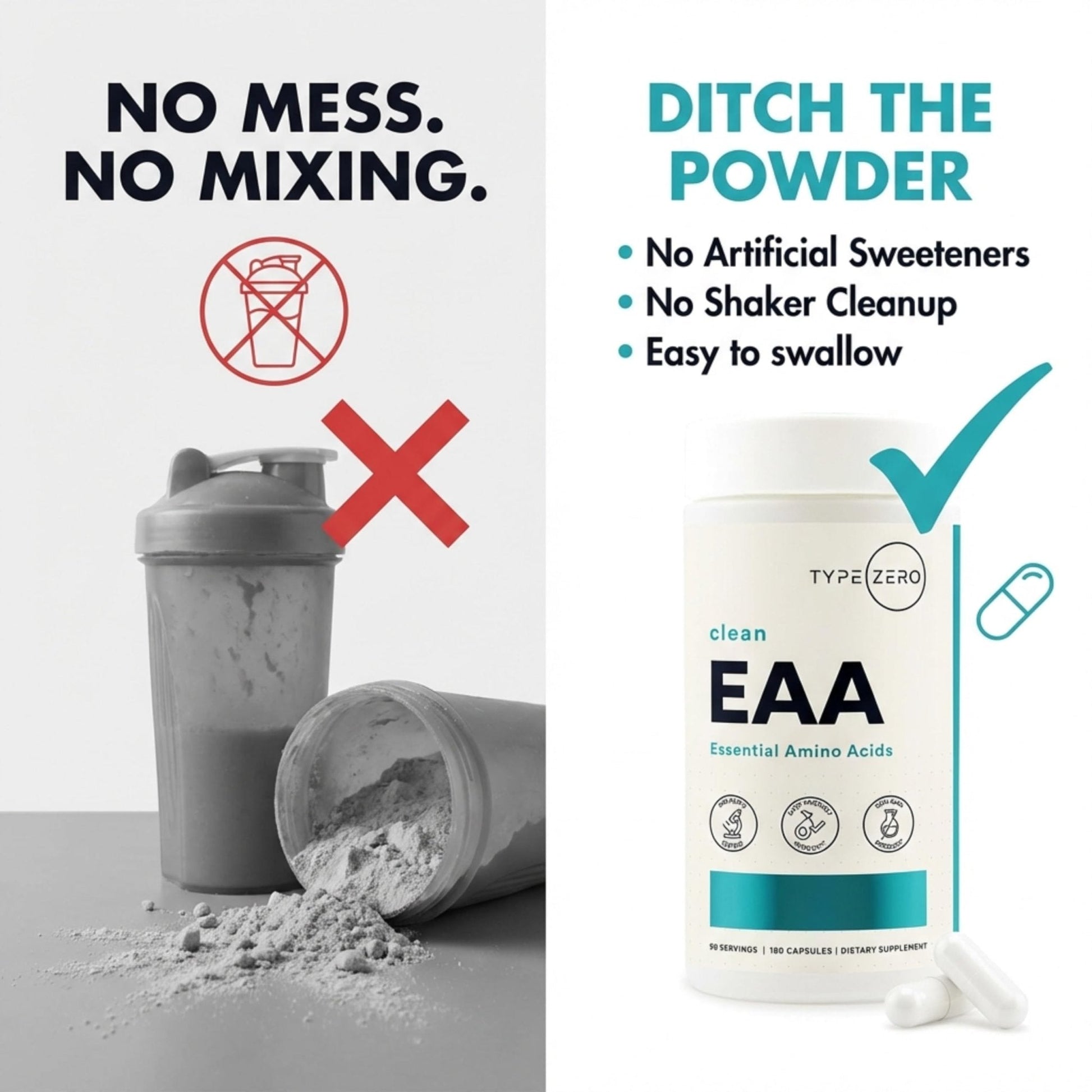 Type Zero Clean EAA Capsules (1,200mg per Serving), Essential Amino Acids Supplement with 9 EAAs, 180 Capsules, 90 Servings - Maple Wellness Supplements