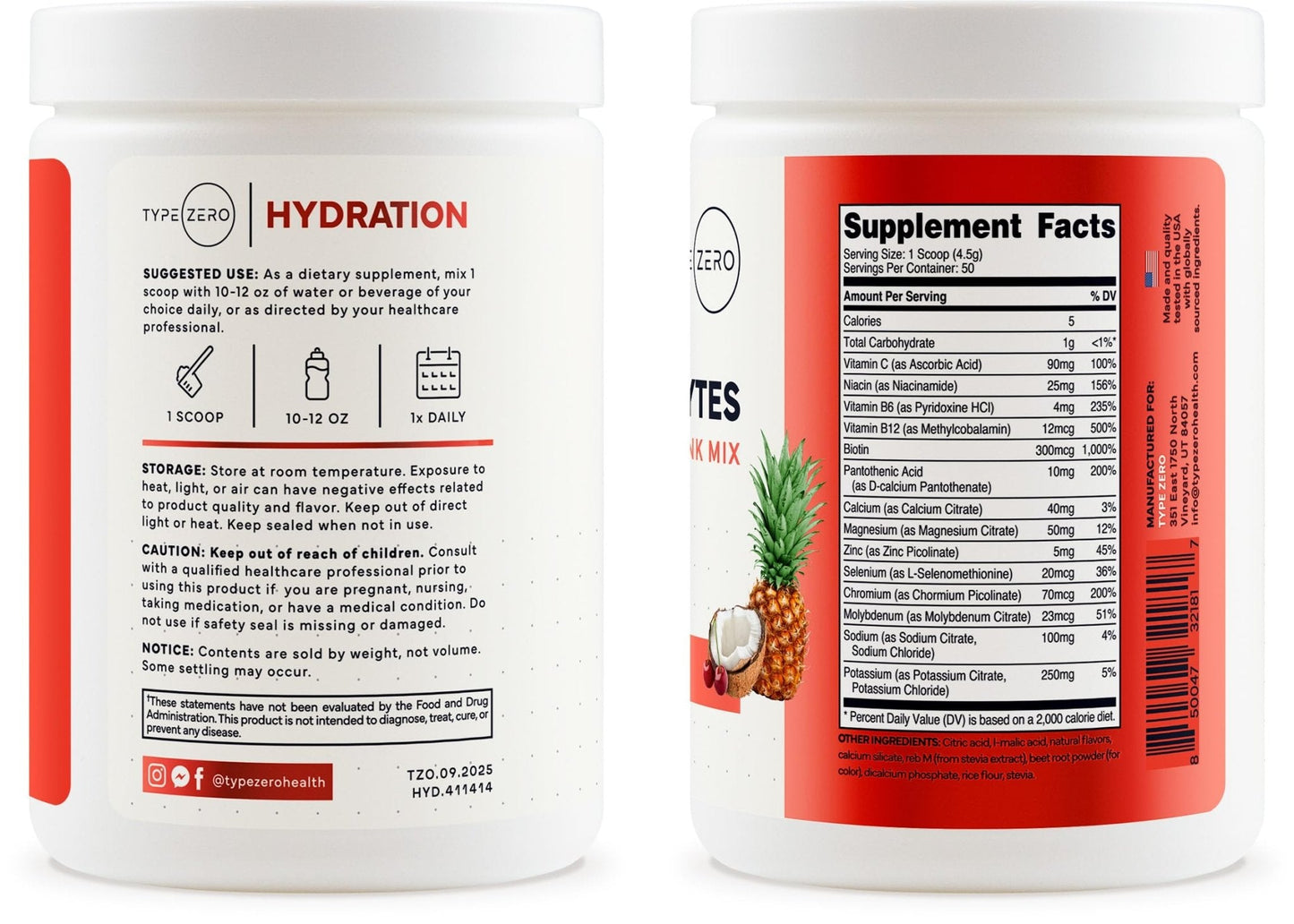 Type Zero Clean Electrolytes Hydration Powder Drink Mix + 14 Essential Vitamins & Minerals - Sugar Free, Zero Artificial Ingredients - Fruit Punch, 50 Servings - Maple Wellness Supplements