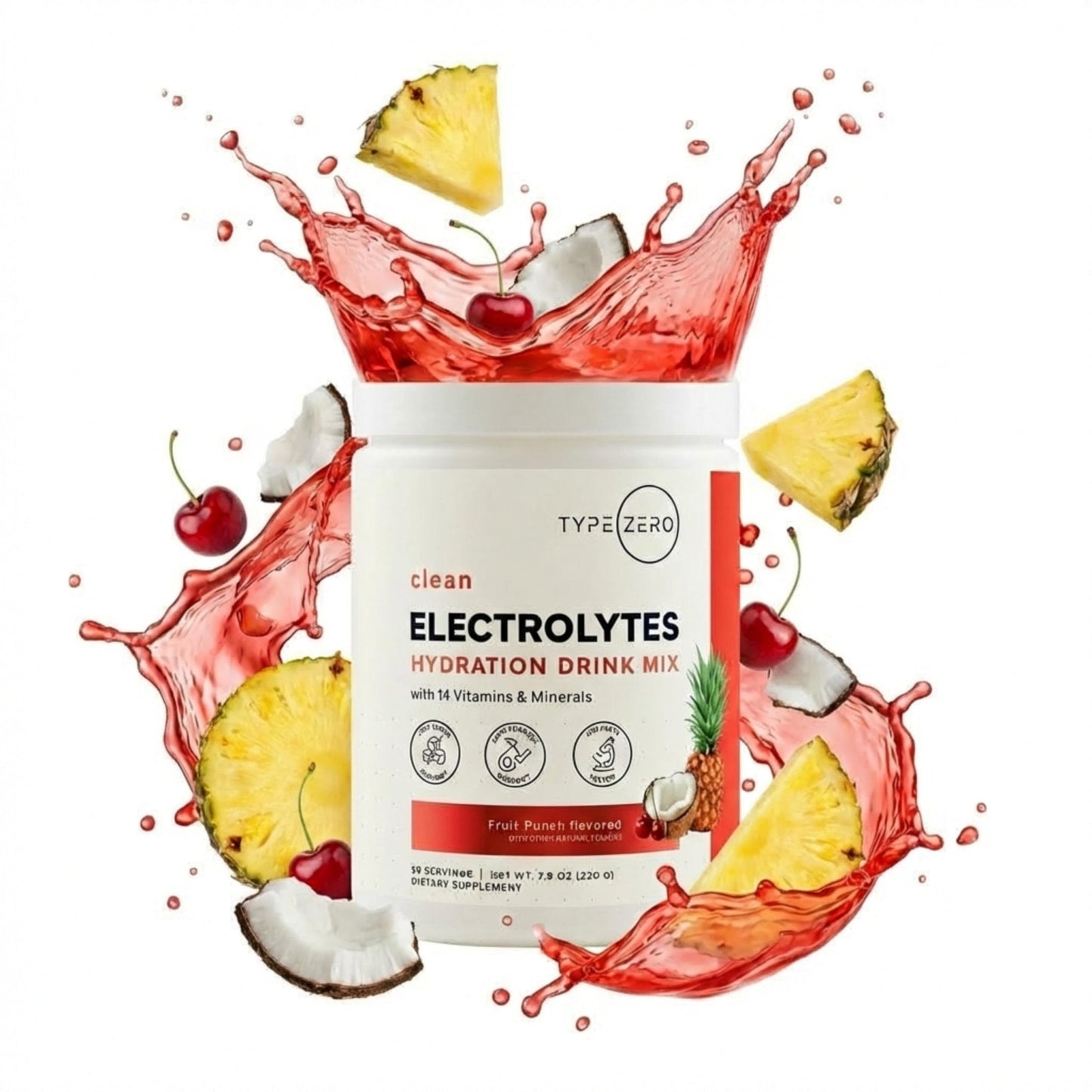 Type Zero Clean Electrolytes Hydration Powder Drink Mix + 14 Essential Vitamins & Minerals - Sugar Free, Zero Artificial Ingredients - Fruit Punch, 50 Servings - Maple Wellness Supplements