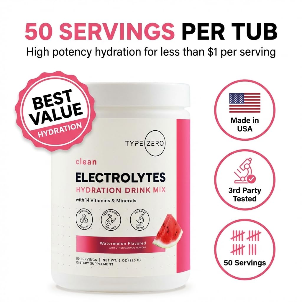 Type Zero Clean Electrolytes Hydration Powder Drink Mix + 14 Essential Vitamins & Minerals - Sugar Free, Zero Artificial Ingredients - Watermelon Flavor, 50 Servings - Maple Wellness Supplements