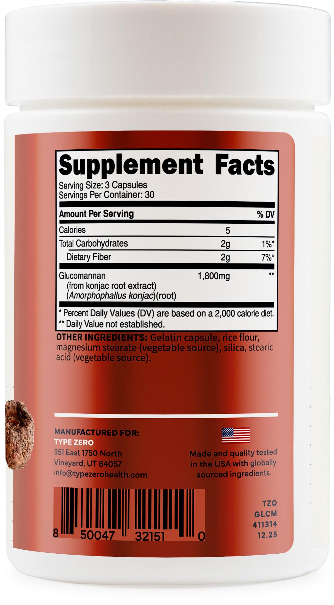 Type Zero Clean Glucomannan Konjac Root Extract (90 Capsules)(1,800 MG Per Serving) - 30 Servings, Non-GMO, Gluten Free - Maple Wellness Supplements