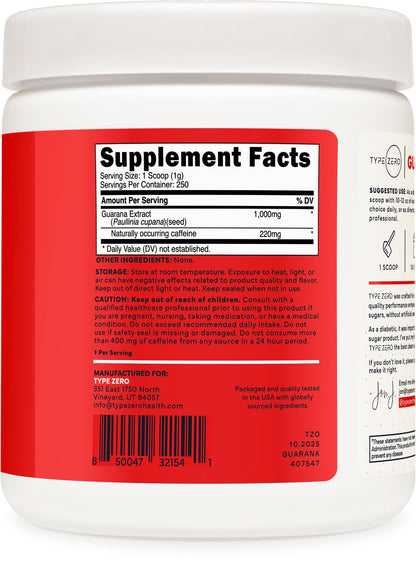 Type Zero Clean Guarana Powder Drink Mix (250 Servings, Unflavored) - 220 MG Caffeine Per Serving, Natural Caffeine, Non GMO, Gluten Free - Maple Wellness Supplements