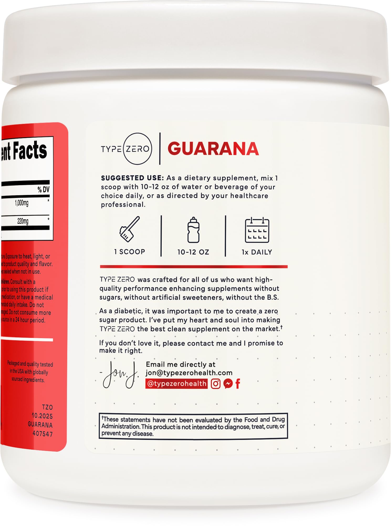 Type Zero Clean Guarana Powder Drink Mix (250 Servings, Unflavored) - 220 MG Caffeine Per Serving, Natural Caffeine, Non GMO, Gluten Free - Maple Wellness Supplements