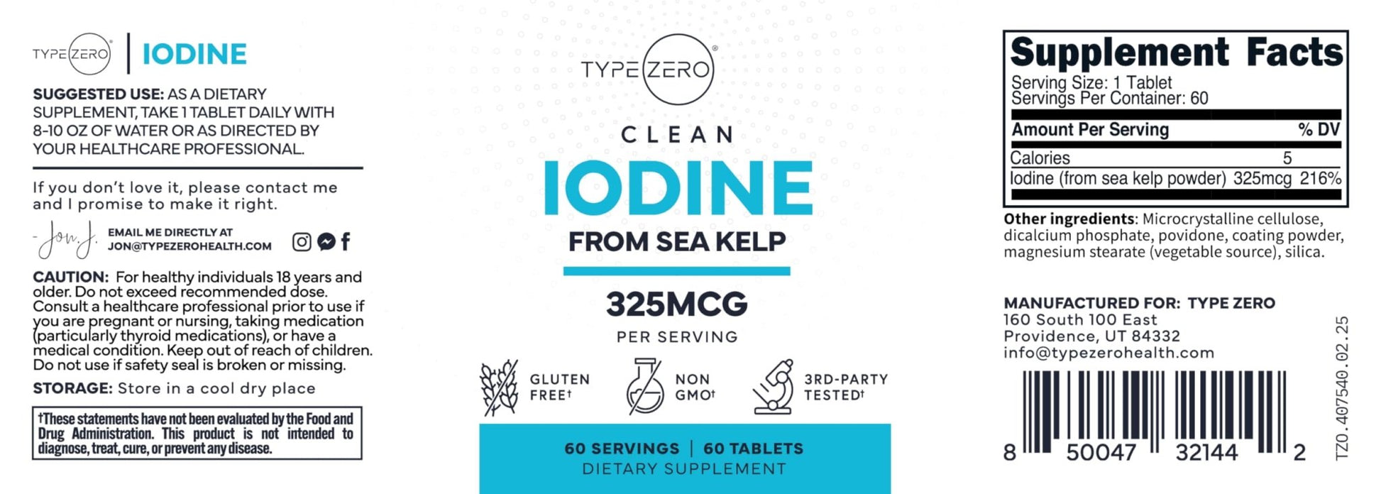 Type Zero Clean Iodine Tablets (60 Servings, 325 MCG Per Serving) - from Sea Kelp, Non-GMO, Gluten Free - Maple Wellness Supplements