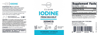 Type Zero Clean Iodine Tablets (60 Servings, 325 MCG Per Serving) - from Sea Kelp, Non-GMO, Gluten Free - Maple Wellness Supplements