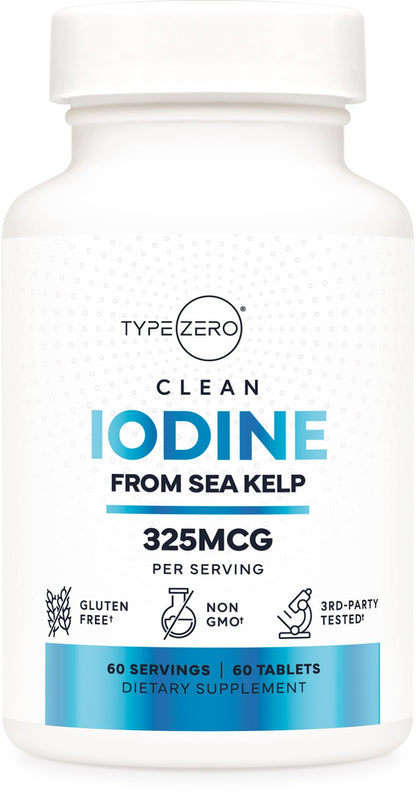 Type Zero Clean Iodine Tablets (60 Servings, 325 MCG Per Serving) - from Sea Kelp, Non-GMO, Gluten Free - Maple Wellness Supplements