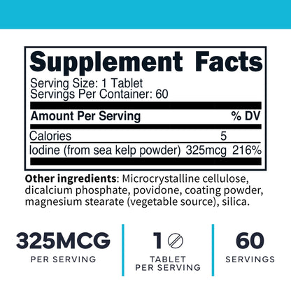 Type Zero Clean Iodine Tablets (60 Servings, 325 MCG Per Serving) - from Sea Kelp, Non-GMO, Gluten Free - Maple Wellness Supplements