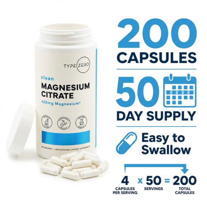 Type Zero Clean Magnesium Citrate Capsules (420mg Per Serving - 200 Capsules) Pure Magnesium Citrate Supplement, Non-GMO - Gluten Free, 50 Servings - Maple Wellness Supplements