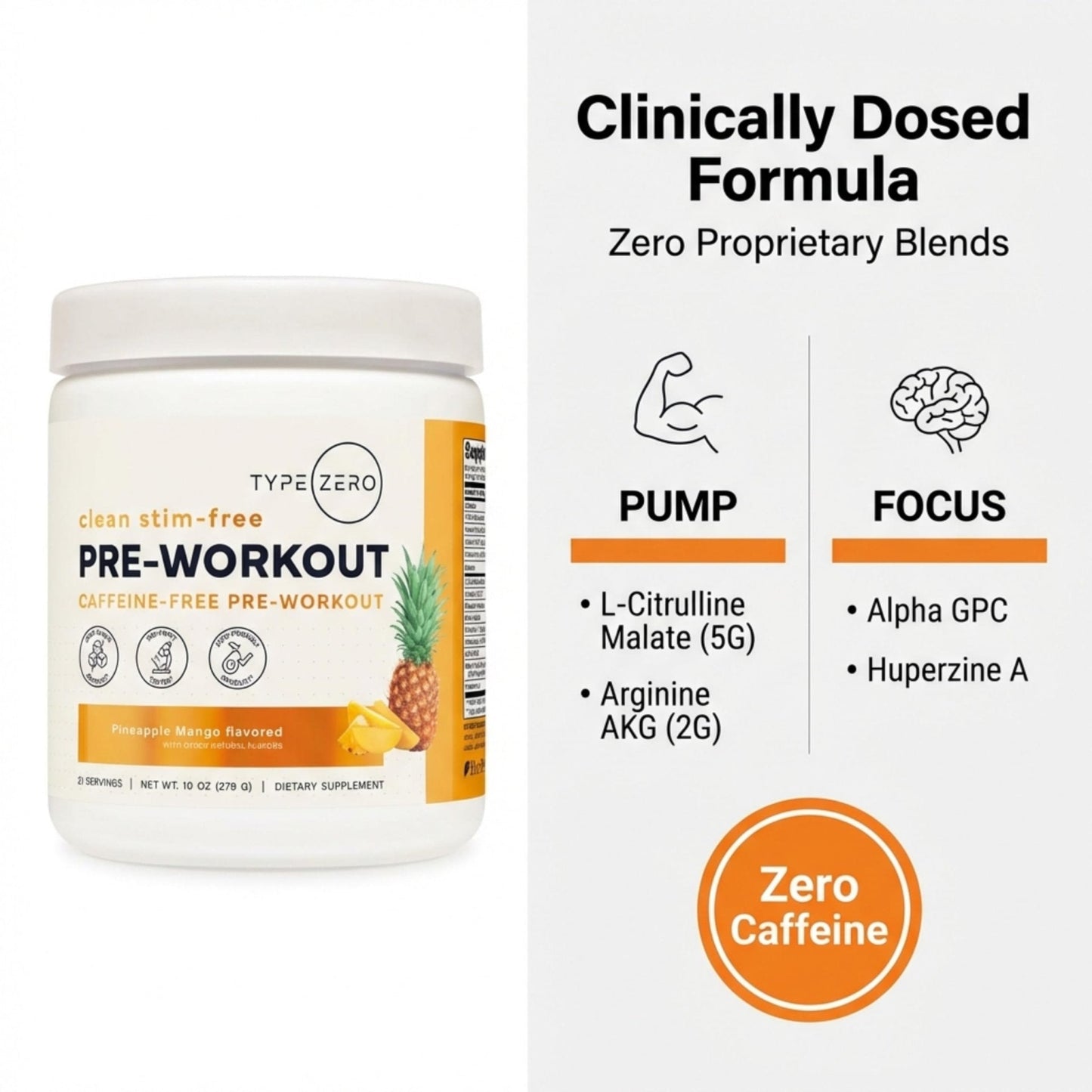 Type Zero Clean Stim Free Pre Workout Powder + Nitric Oxide Booster with L-Citrulline Malate, Arginine AKG, Beta Alanine - Caffeine & Stimulant Free - Pineapple Mango Flavor, 21 Servings - Maple Wellness Supplements
