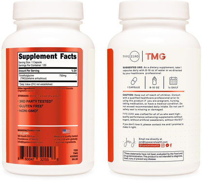 Type Zero Clean TMG Trimethylglycine Capsules (120 Servings) - Non GMO, Gluten Free - Maple Wellness Supplements