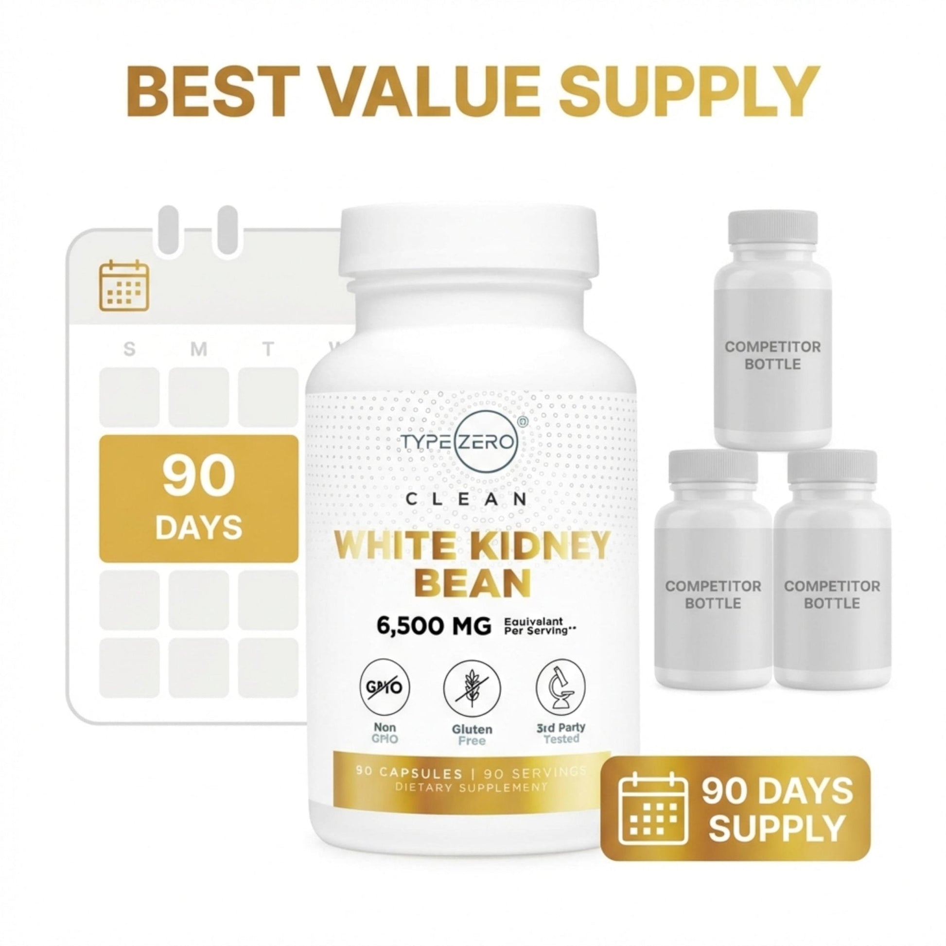 Type Zero Clean White Kidney Bean Capsules (6,500 MG Equivalent Per Serving, 90 Count) - Non-GMO, Gluten Free - Maple Wellness Supplements