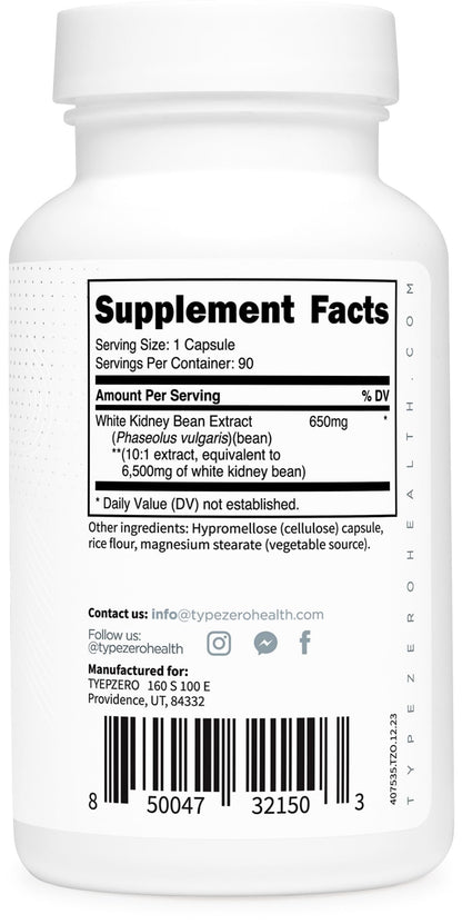 Type Zero Clean White Kidney Bean Capsules (6,500 MG Equivalent Per Serving, 90 Count) - Non-GMO, Gluten Free - Maple Wellness Supplements
