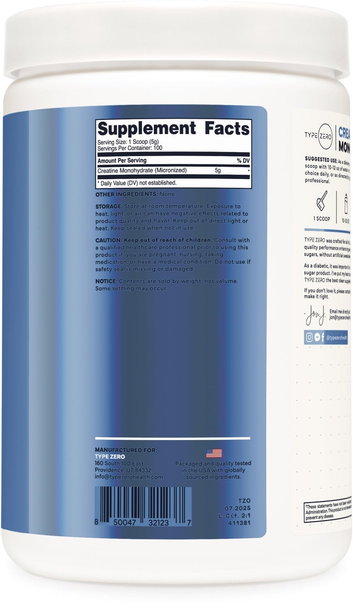 Type Zero Creatine Monohydrate Powder (Unflavored | 500g), 5000 mg Per Serving, Micronized, Zero Sugar, Keto Friendly & Gluten Free, 100 Servings - Maple Wellness Supplements
