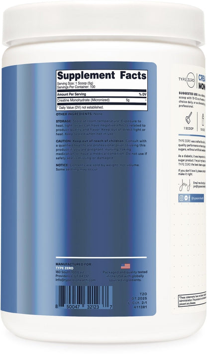 Type Zero Creatine Monohydrate Powder (Unflavored | 500g), 5000 mg Per Serving, Micronized, Zero Sugar, Keto Friendly & Gluten Free, 100 Servings - Maple Wellness Supplements