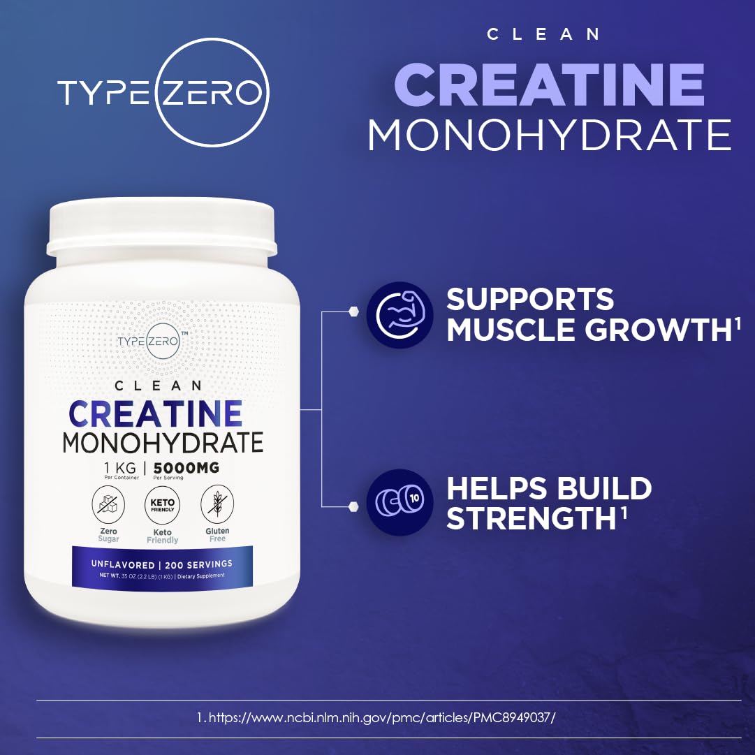 Type Zero Creatine Monohydrate (Unflavored) 1 KG, 5000mg (5g) Per Serving, Micronized, Zero Sugar, Keto Friendly & Gluten Free, 200 Servings - Maple Wellness Supplements