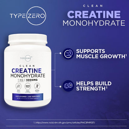 Type Zero Creatine Monohydrate (Unflavored) 1 KG, 5000mg (5g) Per Serving, Micronized, Zero Sugar, Keto Friendly & Gluten Free, 200 Servings - Maple Wellness Supplements
